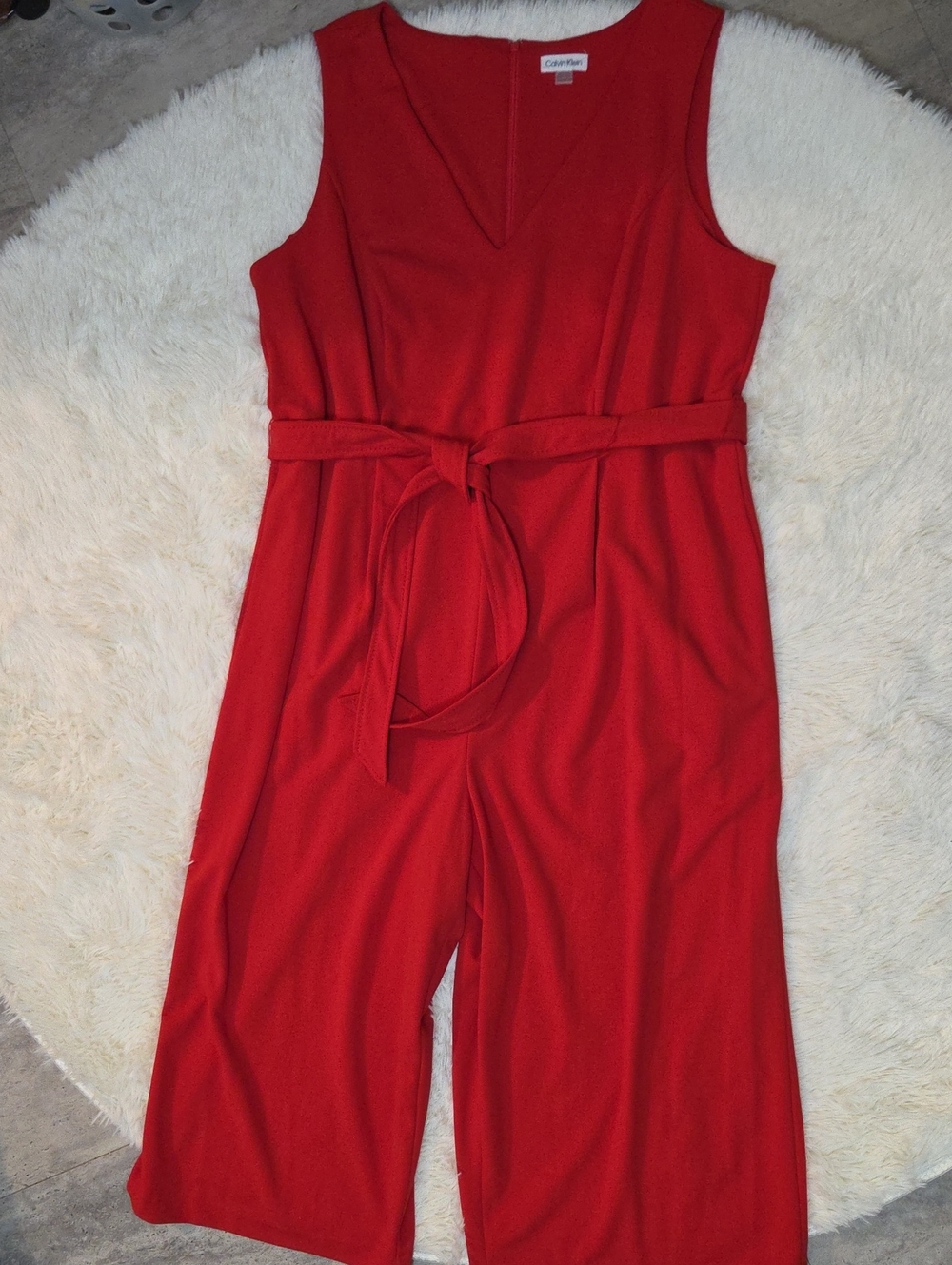 Calvin Klein Women's Red Sleeveless V-Neck Jumpsuit Cropped Wide Leg- Size 20W